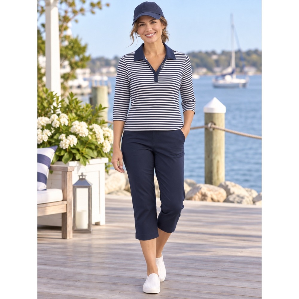 Chico's Size 1 Medium Navy White Striped Collared Pullover Top 3/4 Sleev